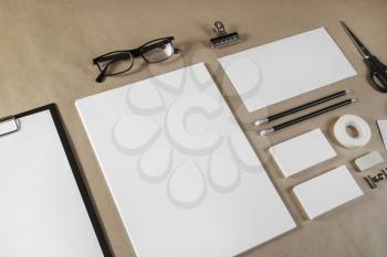 Blank business brand template. Stationery set on craft paper background.