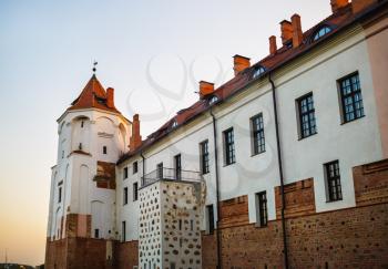 Mir, Belarus - August 11, 2016: Tower and wall of ancient medieval castle in Mir, Belarus. UNESCO World Heritage.