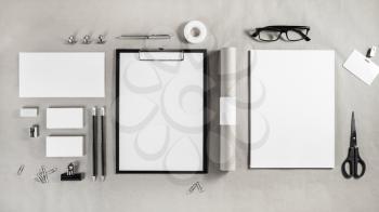 Corporate identity template. Photo of blank stationery set on craft paper background. Mockup for branding identity. Top view.