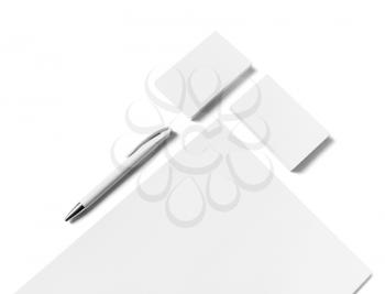 Blank white stationery mock-up. Letterhead, business cards and pen on white background. Isolated with clipping path.