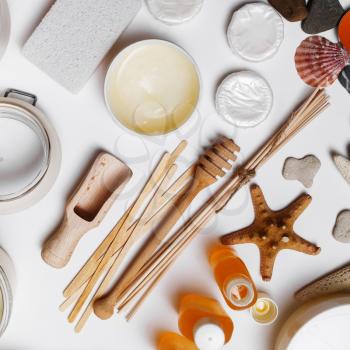 Spa theme objects. Beauty threatment concept. Top view. Flat lay