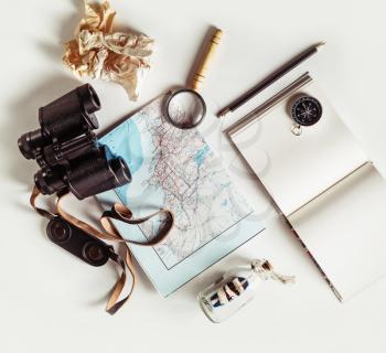 Travel plan background. Ready for the trip. Vintage toned image. Top view. Flat lay.