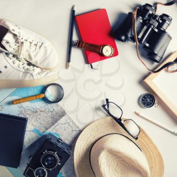 Travel plan background. Ready for the trip. Vintage toned image. Flat lay.