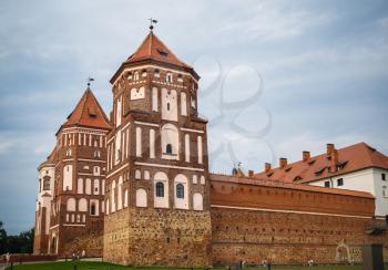 Mir, Belarus - August 04, 2017: Towers and fortress wall of ancient medieval castle in Mir, Belarus. UNESCO World Heritage.