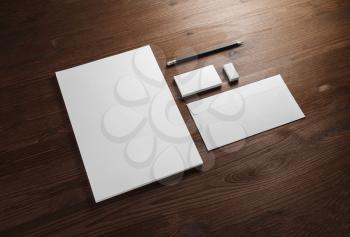 Blank stationery template for placing your design. Mockup for branding identity on wood background.