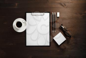 Blank stationery set on wooden table. Corporate identity template. ID mockup. Mock up for branding identity. Flat lay.