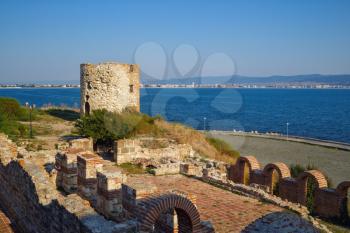 Nesebar, Bulgaria - September 10, 2014: Watchtower in old town of Nessebar. Bulgarian Black sea coast on a sunny summer day.
