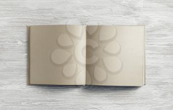 Opened blank brochure or book on light wooden background. Flat lay.