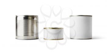 Three blank tin cans isolated on white background. Ready for your design. Clipping path.