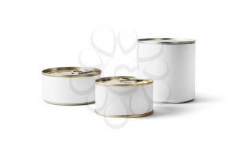 Three food tin cans with blank white labels isolated on white background. Responsive design template. Clipping path.
