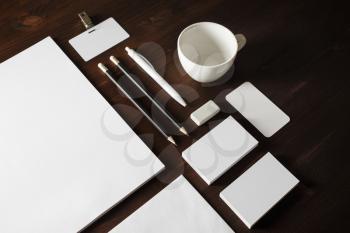 Blank white stationery on wooden background. Branding mock up for designers portfolios.
