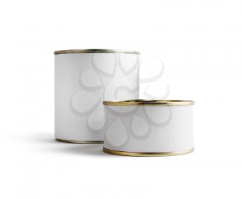 Two blank food tin cans isolated on white background. Ready for your design. Clipping path.