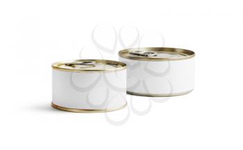 Two blank tin cans with blank white labels isolated on white background. Clipping path.