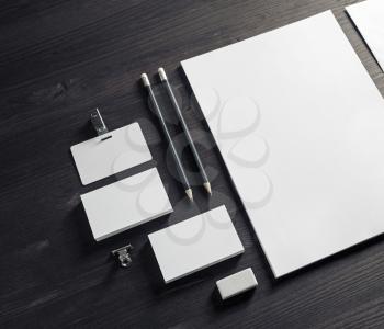 Blank stationery set on wooden background. Corporate identity template. Branding mock-up.