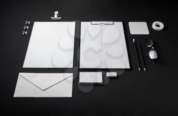 Blank stationery set on black background. ID template. Mockup for branding identity for designers.
