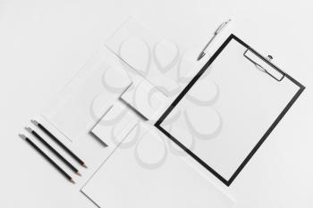 Blank stationery set white paper background. Corporate identity template. ID mockup. Mock up for branding identity. Responsive design mockup. Flat lay.