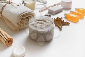 Spa and wellness accessories. Beauty treatment products. Shallow depth of field. Selective focus.