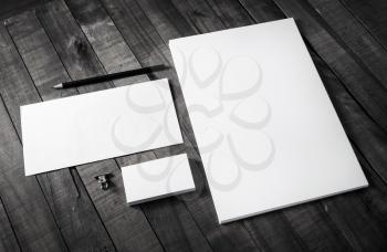 Photo of blank stationery on wood background. Corporate identity set. Branding mockup. Responsive design template.