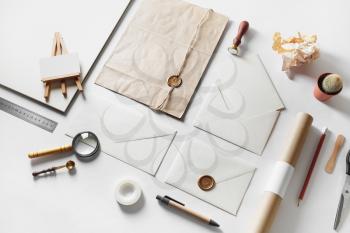 Hand made objects for placing your design. Blank art and craft stationery template on white paper background. Responsive design mockup.