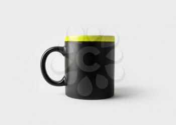 Blank black mug for coffee or tea. Cup mock-up. Responsive design mockup.