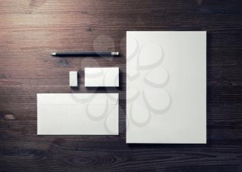 Blank stationery template for placing your design. Blank letterhead, business cards, envelope pencil and eraser. Mockup for branding identity. Top view. Flat lay.