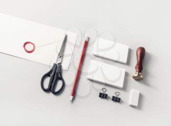 Blank stationery set on paper background. Mock up for placing your design. Corporate identity template. Branding identity mock up. Top view.