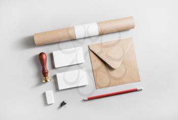 Blank stationery set on paper background. Corporate identity template. Mock-up for branding identity. Top view.