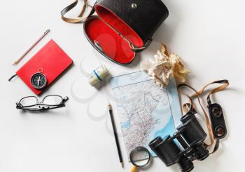 Objects for tourism and travel. Trip or vacation items. Flat lay.