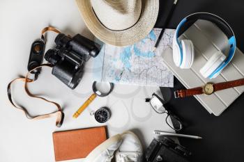 Accessories for travel. Traveler's outfit and vacation items. Flat lay.
