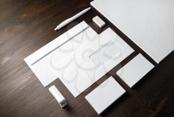 Blank stationery set on wooden background. Template for branding identity. For graphic designers presentations and portfolios.
