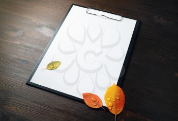 Clipboard with blank sheet of paper and autumn leaves on wooden background. Copy space for text.