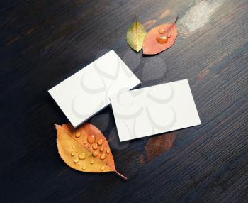 Photo of blank paper business cards and autumn leaves on wooden background. Mockup for branding identity.