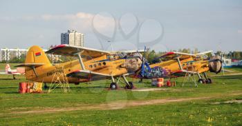 MINSK, BELARUS - MAY 07, 2016: Two airplanes An-2. An-2 is a Soviet mass-produced single-engine biplane utility agricultural aircraft designed and manufactured in 1946.