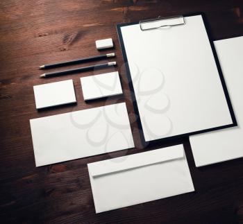 Blank corporate identity template on wooden background. Responsive design mockup.