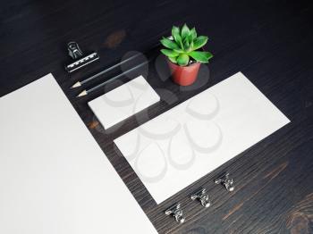 Corporate identity template. Blank stationery mock up on wooden background.