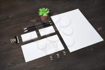 Blank corporate stationery set on wood table background. Template for branding design. Branding mock up.