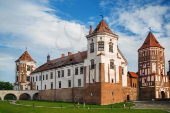 Mir, Belarus - August 04, 2017: Towers and fortress wall of ancient medieval castle in Mir, Belarus. Mir Castle is a museum and castle complex. UNESCO world heritage site.