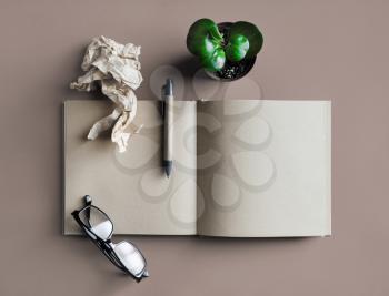 Blank kraft notepad, stationery and plant. Top view. Flat lay.
