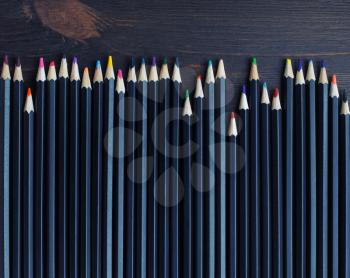 Pencils for drawing. Rainbow color pencils as background.Top view. Flat lay.