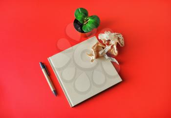 Blank kraft square book, plant, crumpled paper and pen on red paper background. Template for branding design.