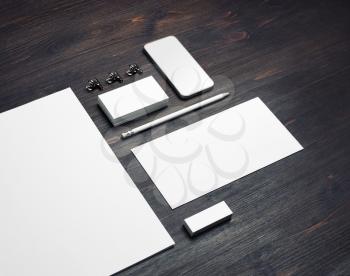 Blank stationery set on wood table background. Template for branding identity. For graphic designers presentations and portfolios.