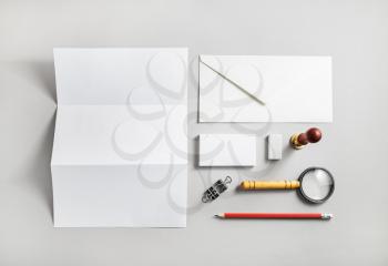 Stationery mock up on paper background. Responsive design template. Branding identity mock up. Flat lay.