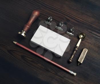 Branding stationery mockup. Vintage stationery set on wooden background. Blank objects for placing your design.