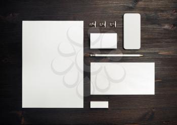 Blank stationery template on wooden background. Mock-up for branding identity. For design presentations and portfolios. Top view. Flat lay.