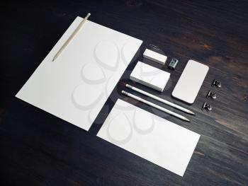 Blank stationery set on wood table background. Template for branding identity. For graphic designers presentations and portfolios.
