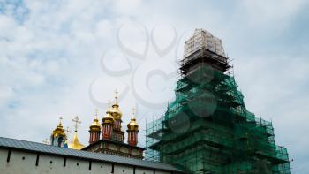 Horizontal vivid orthodox church under restoration background backdrop
