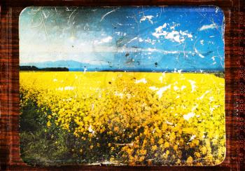 Horizontal vintage landscape field bordered postcard background 