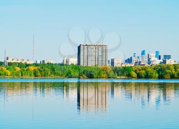 Moscow river architecture with reflections background
