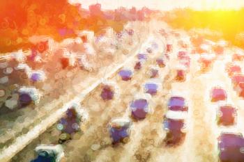 Moscow traffic jam dramatic light leak illustration background