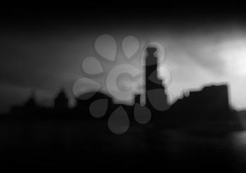 Black and white skyline of a city bokeh background hd